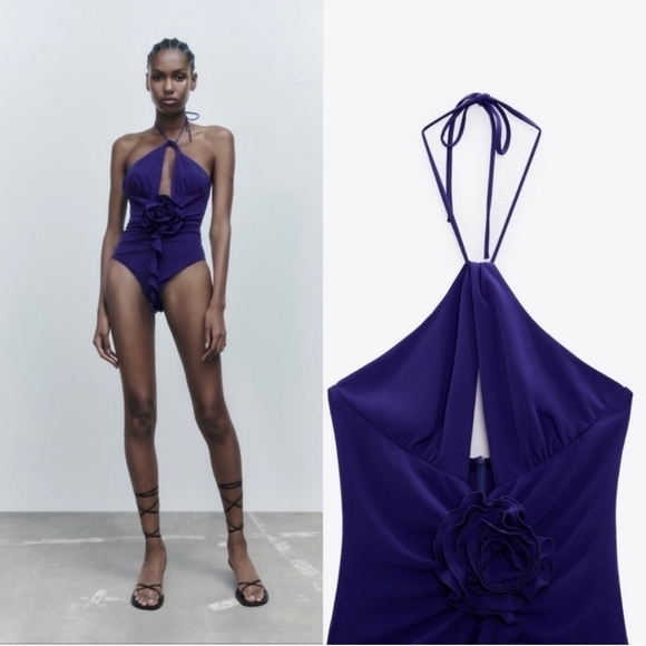 New Zara Rosette Floral Tie Halter Neck Bodysuit NWT XS - Picture 4 of 8